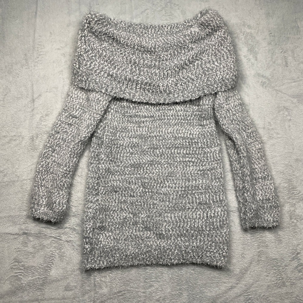 LC Lauren Conrad Sweater Women Grey Off Shoulder Eyelash Knit Cowl Neck L